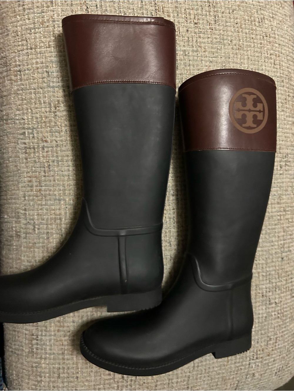 Tory Burch Black Rubber Tall Rain Boots with Brown Leather Cuff & Logo
